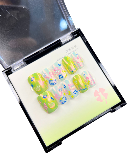 Neon Doodle Dream 🐸🐰🌈 - 24 Pcs of Press On Nails