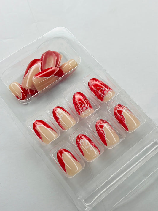 Scarlet Ribbon Swirl 🧧 - 24 Pcs of Press On Nails