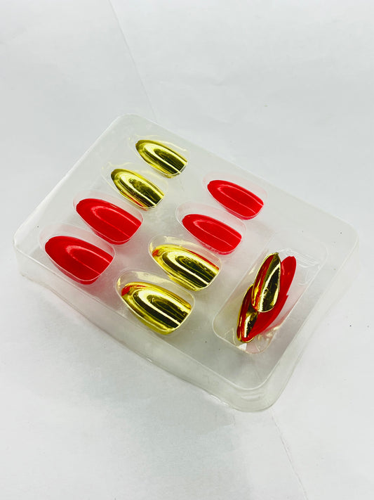 Gold Chrome & Red Almond Nails 💛❤️ - 12 Pcs of Press On Nails