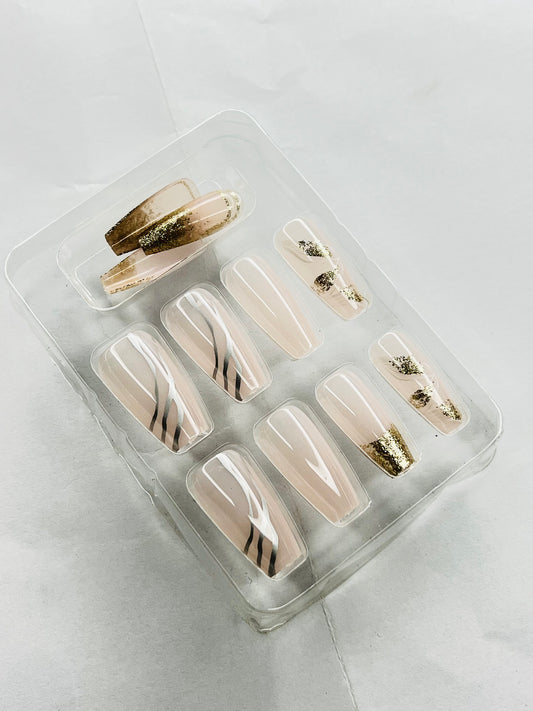 Gold Glitter Nude Coffin Nails ✨💅 - 12 Pcs of Press On Nails