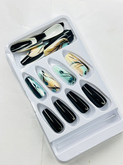 Coffin Abstract Marble & Noir 🖤🎨 - 24 Pcs of Press On Nails