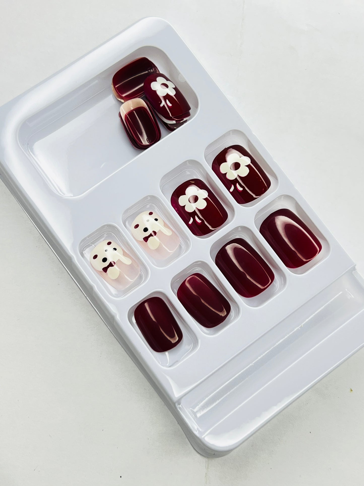 Short Square Burgundy & Cartoon Bunny 🐰🍒- 24 Pcs of Press On Nails